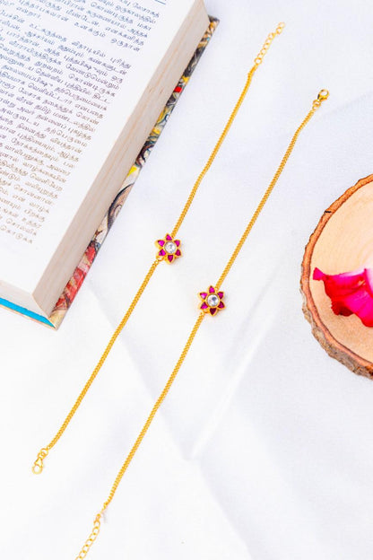 Silver Gold-Plated Pink Floral Stone Anklet