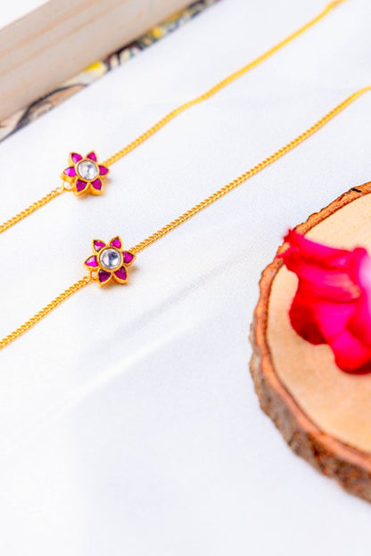 Silver Gold-Plated Pink Floral Stone Anklet