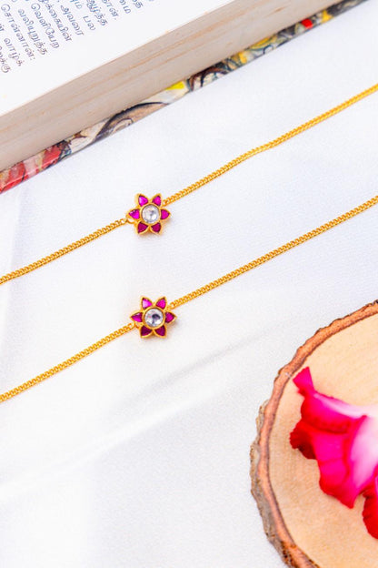 Silver Gold-Plated Pink Floral Stone Anklet