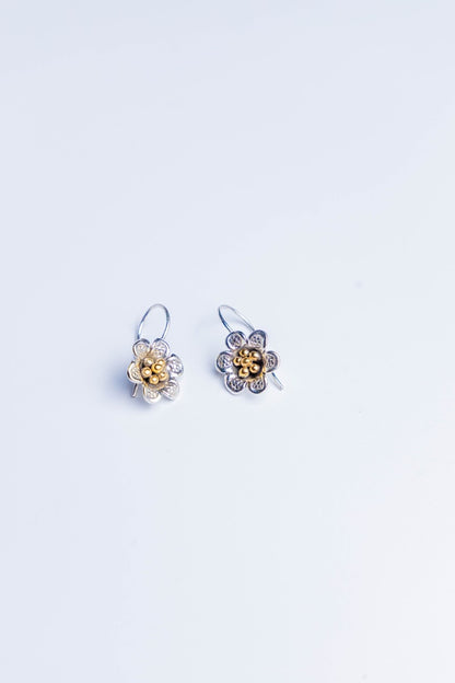 Handcrafted Dual-Tone Floral Silver Earrings