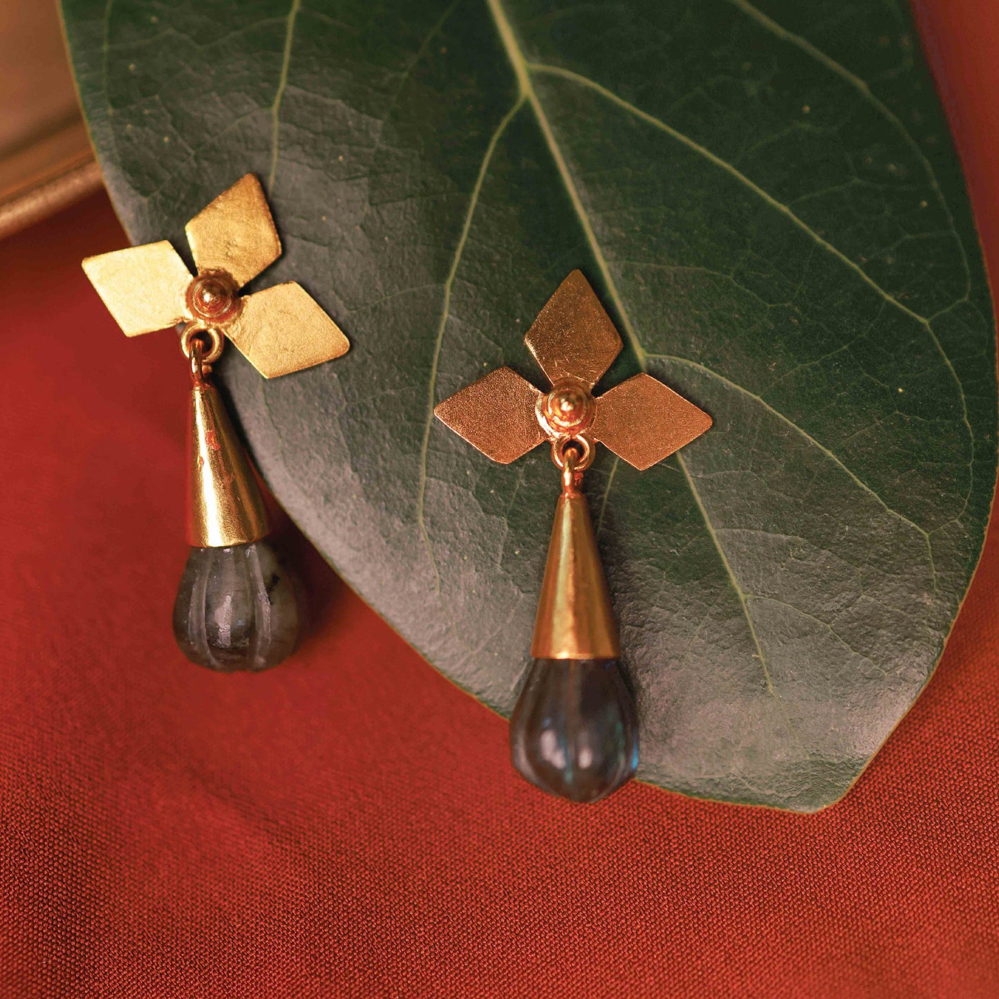 Gold Plated Heritage Petal Stone Drop Earrings