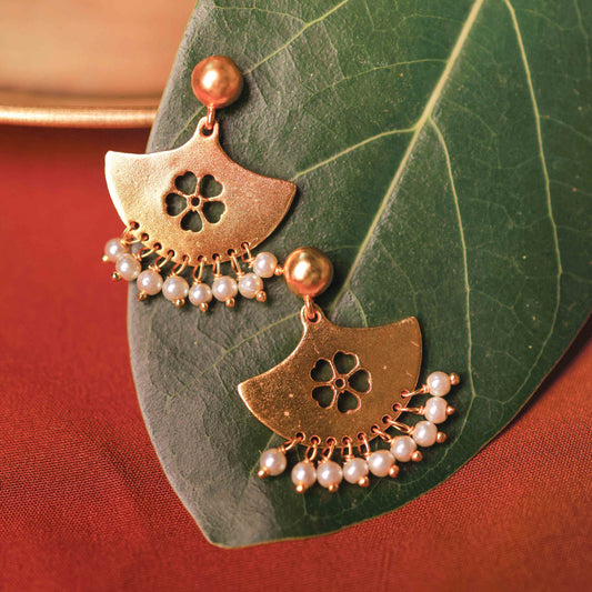 Sterling silver floral fan earrings with pearl fringe by Silalankaraa.