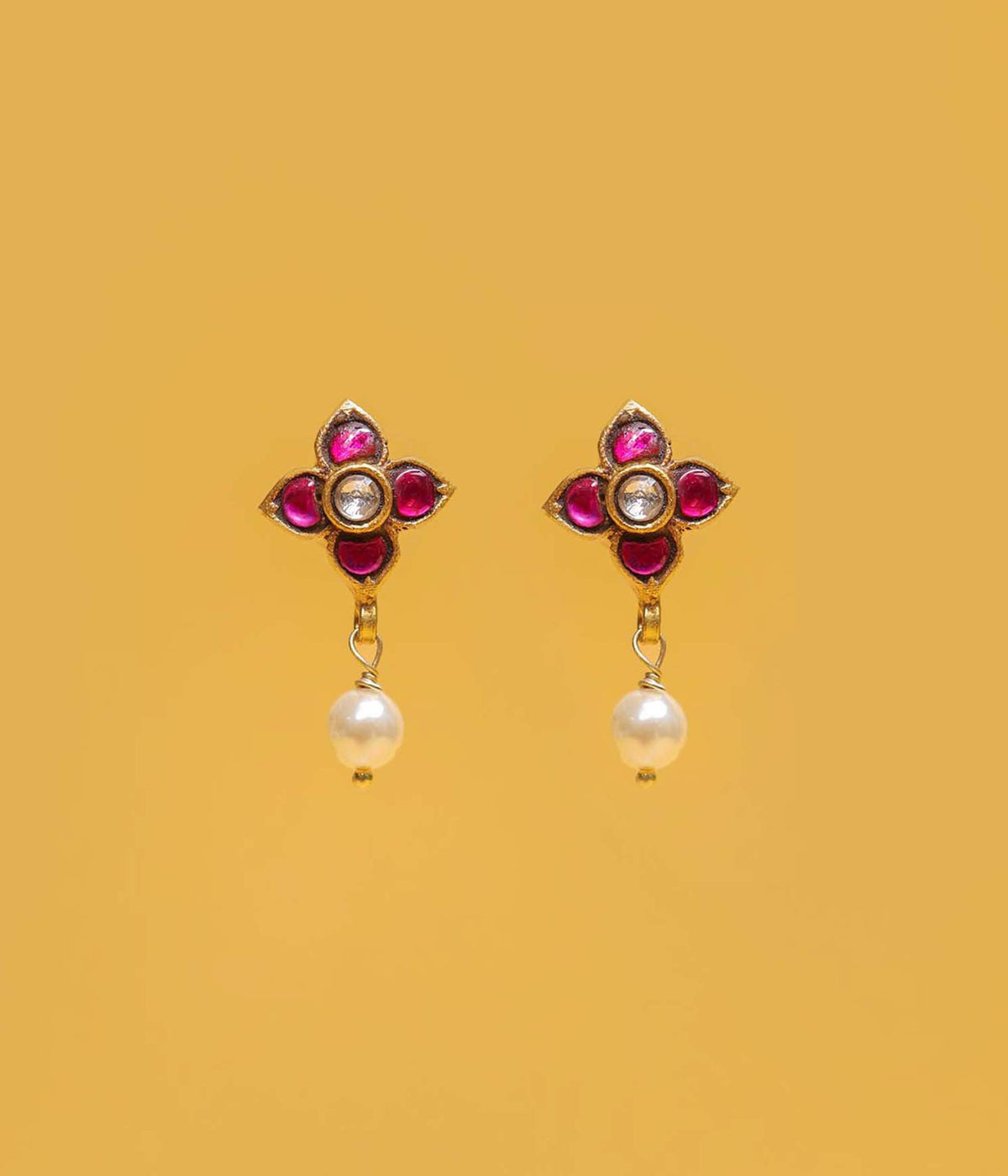 Pearl Drop Floral Gold Plated Stud Earrings