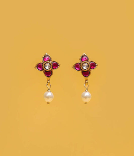 Pearl Drop Floral Gold Plated Stud Earrings
