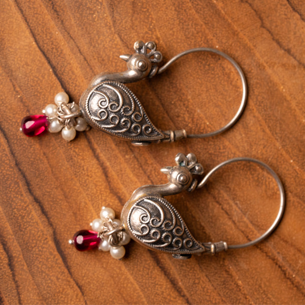 Antique Peacock Silver Earring with Ruby & Pearl Beads