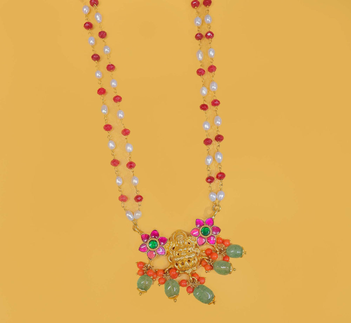 Gold Plated Lakshmi Floral Beaded Necklace