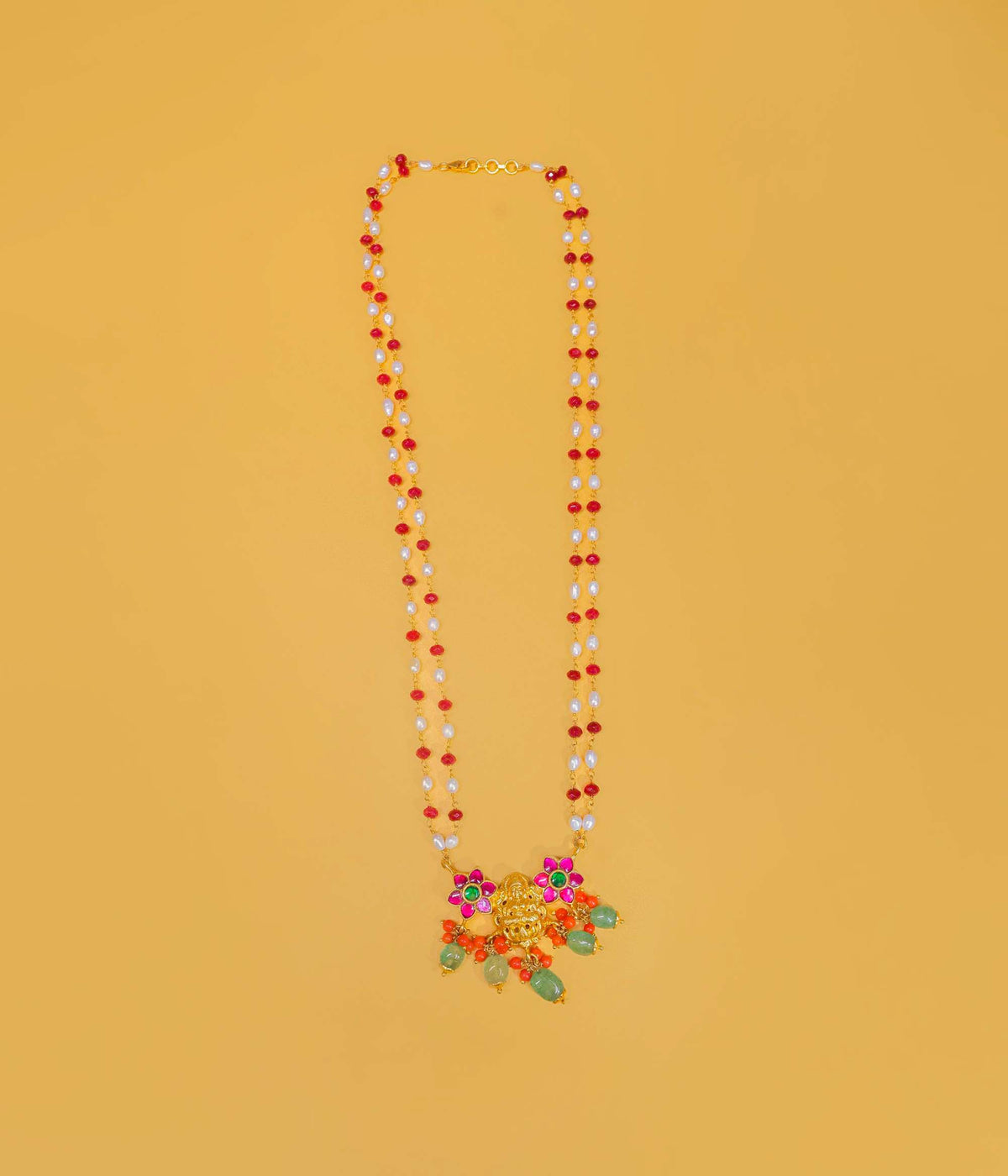 Gold Plated Lakshmi Floral Beaded Necklace
