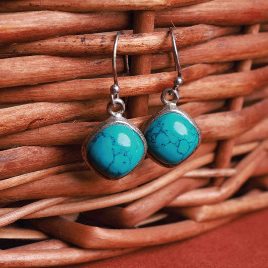 Turquoise square drop earrings in 92.5 sterling silver.