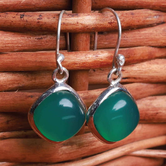 Green onyx square drop earrings in polished 92.5 sterling silver.