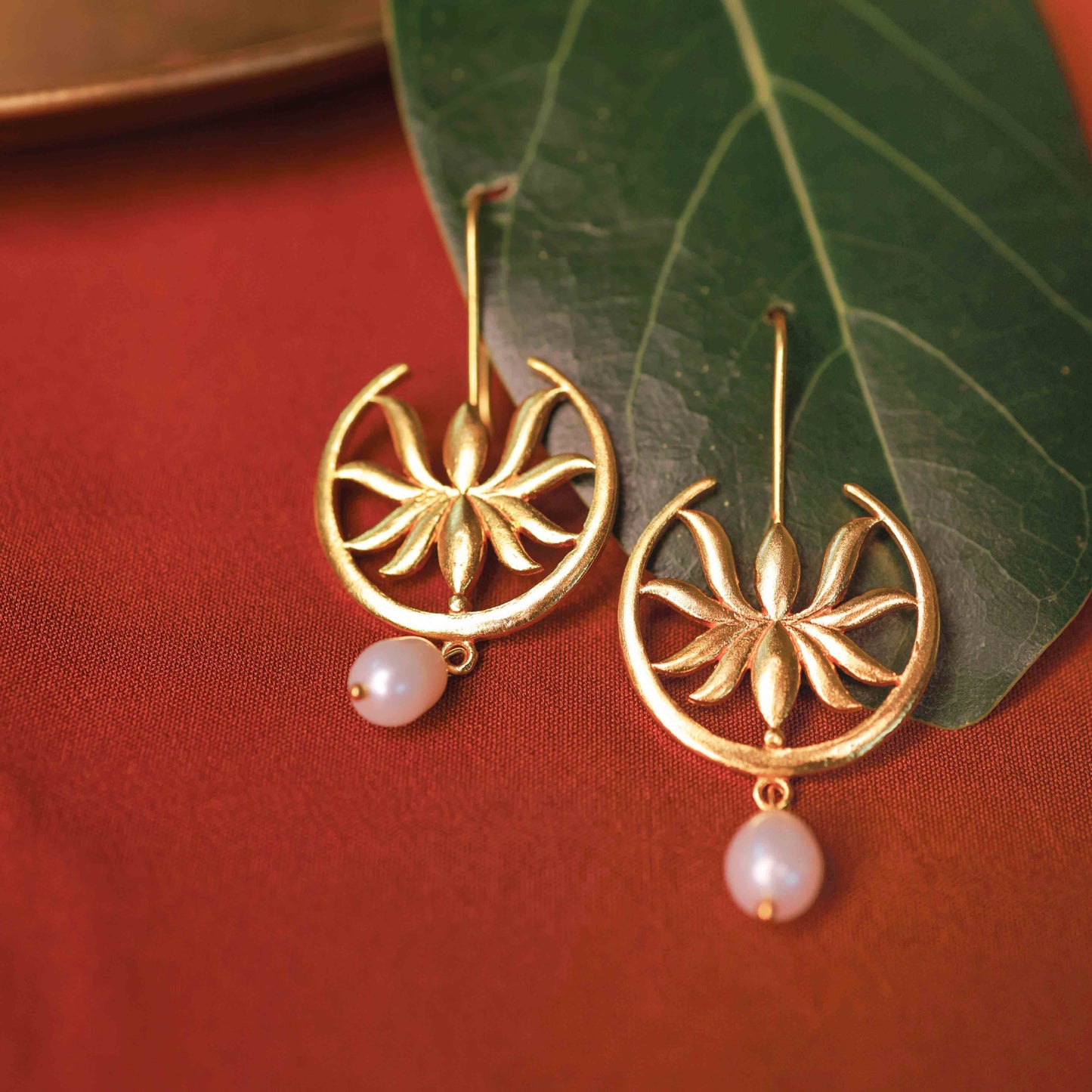 Gold Plated Lotus Pearl Drop Earrings.