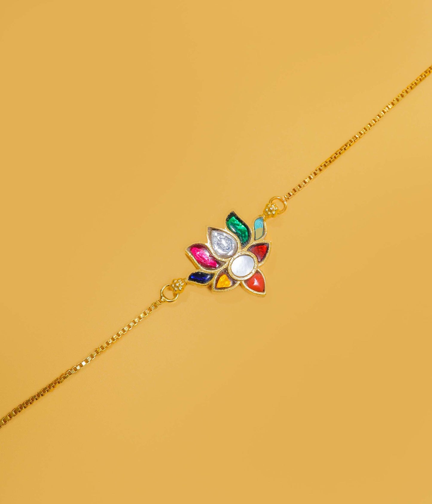 Navaratna Lotus Kundan Silver Bracelet