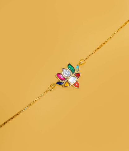 Navaratna Lotus Kundan Silver Bracelet