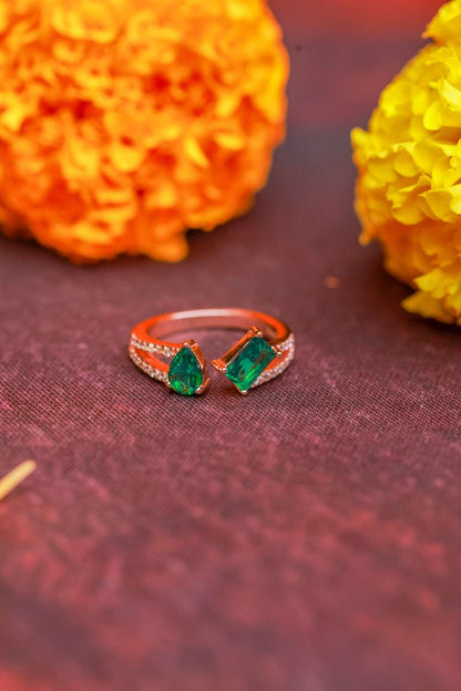 Dual Emerald Silver Ring  Adjustable Sterling Silver Green Stone Ring for Women.