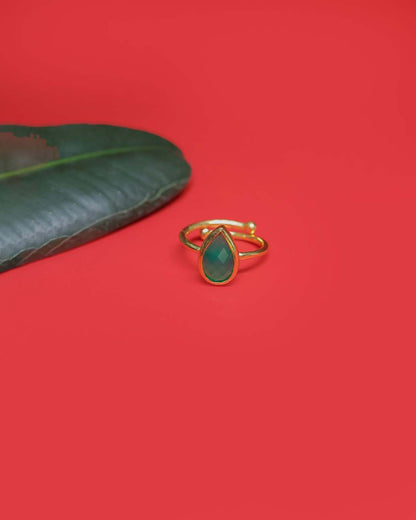 Adjustable Gold Plated Emerald Teardrop Silver Ring