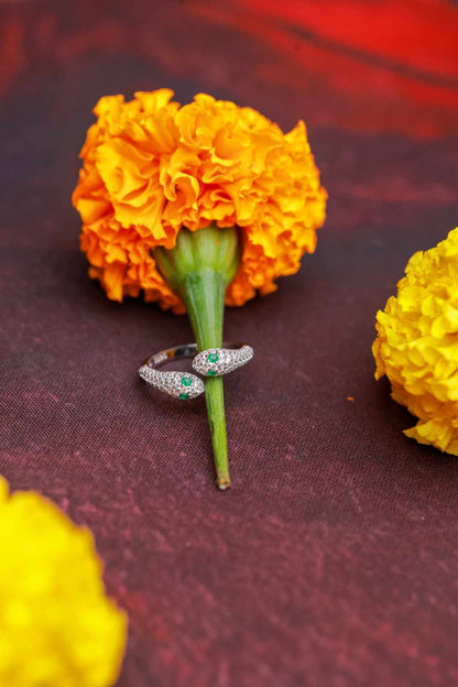 Silver Twin Serpent Ring with Green Stone Accents