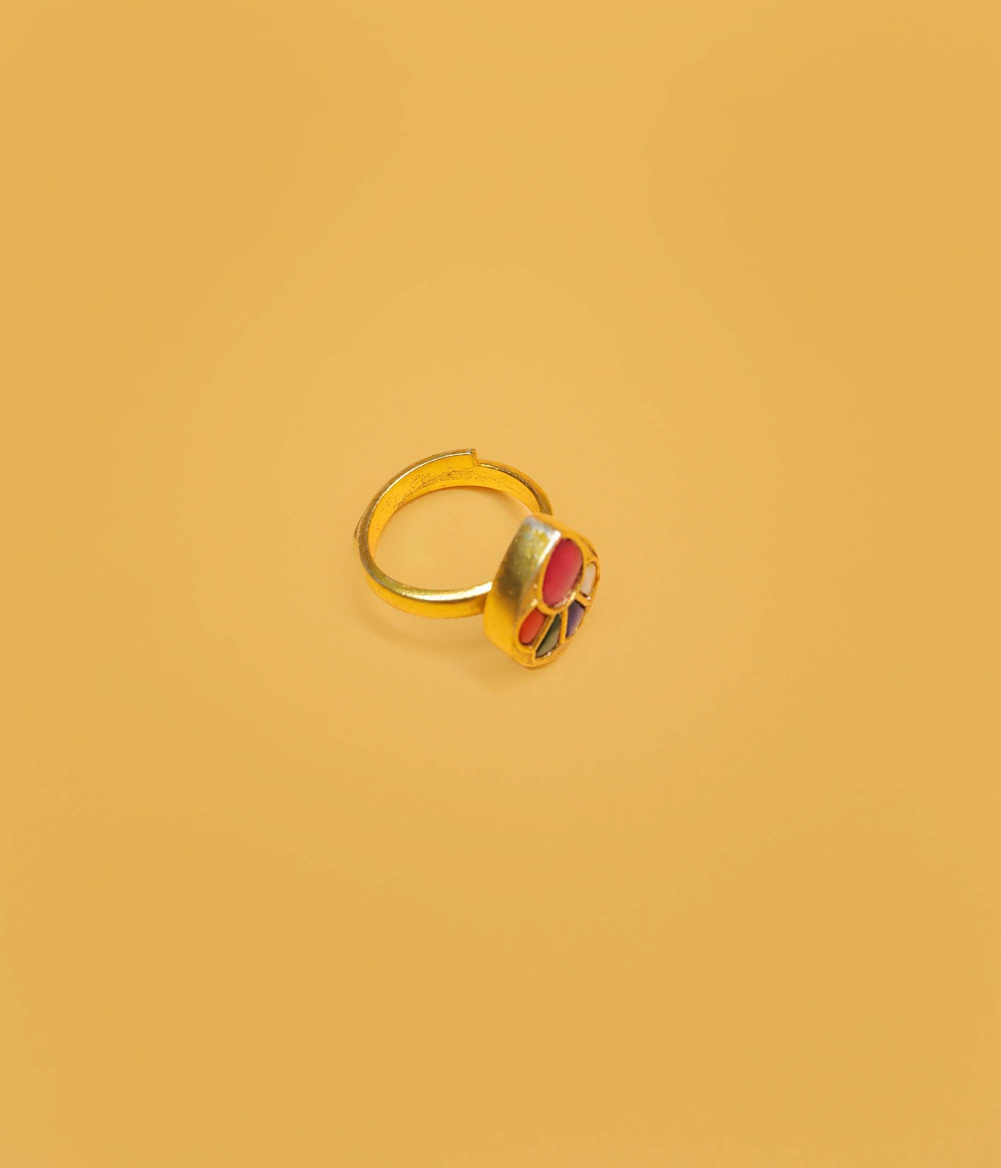Adjustable Gold Plated Royal Multi-Color Teardrop Kundan Ring