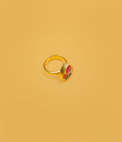 Adjustable Gold Plated Royal Multi-Color Teardrop Kundan Ring