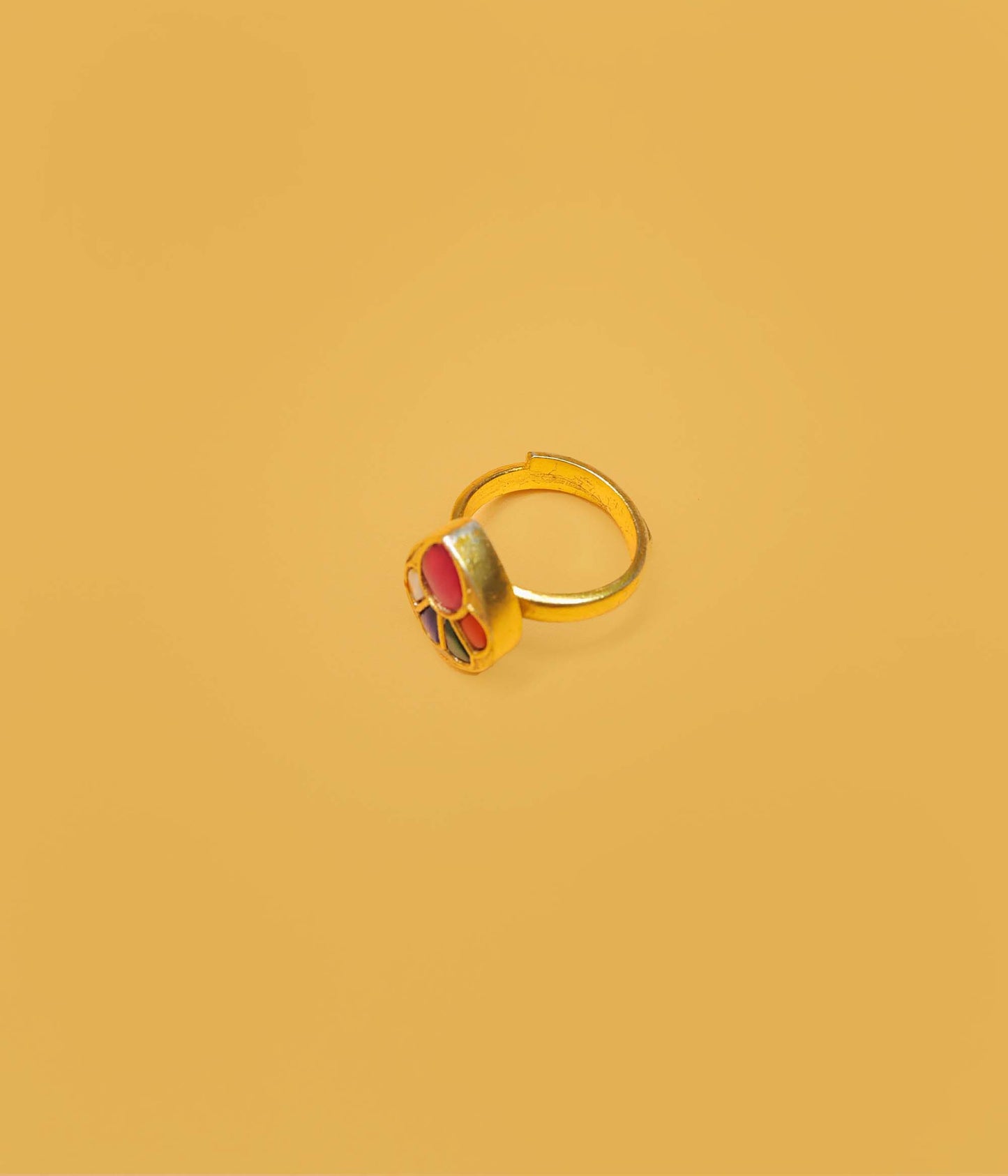 Adjustable Gold Plated Royal Multi-Color Teardrop Kundan Ring
