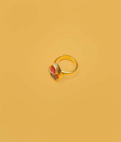 Adjustable Gold Plated Royal Multi-Color Teardrop Kundan Ring