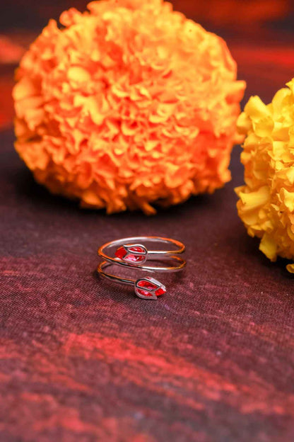 Red Leaf Adjustable Silver Ring