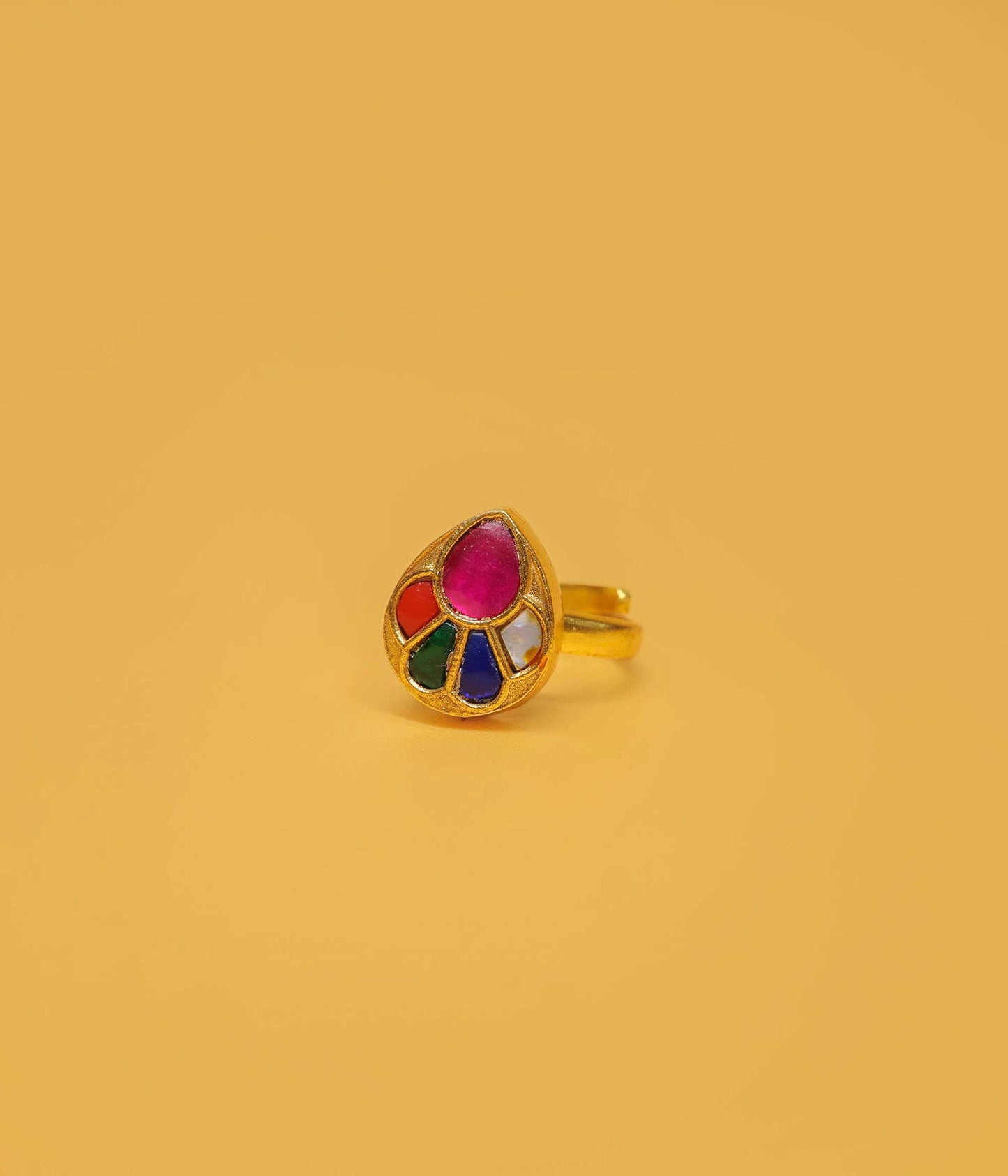 Adjustable Gold Plated Royal Multi-Color Teardrop Kundan Ring