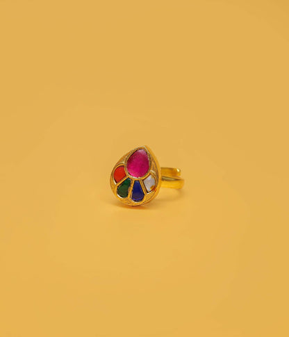 Adjustable Gold Plated Royal Multi-Color Teardrop Kundan Ring