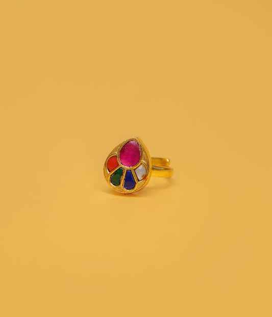 Adjustable Gold Plated Royal Multi-Color Teardrop Kundan Ring