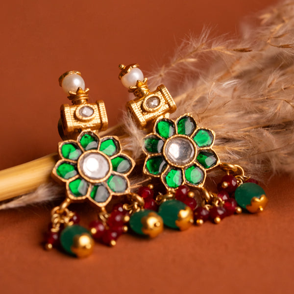 Traditional Green Floral Dangle Earrings with Beads