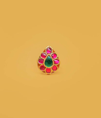 Adjustable Gold Plated Vintage Teardrop Kundan Ring