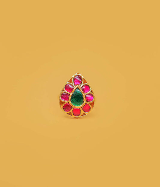 Adjustable Gold Plated Vintage Teardrop Kundan Ring