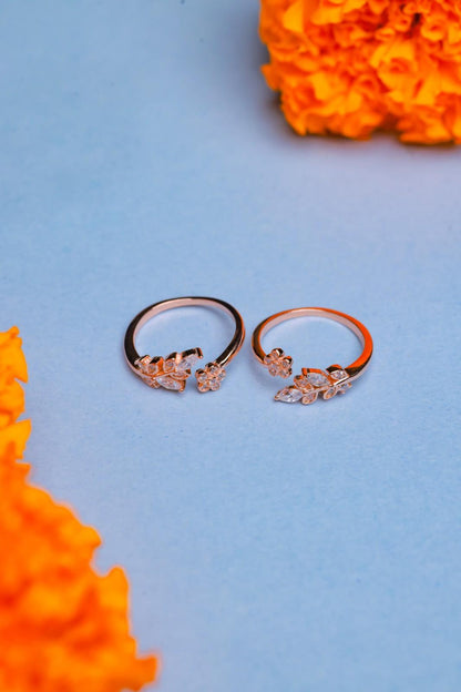 Rose gold floral adjustable toe rings with crystal leaf detailing.