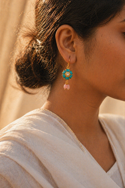 Gold-Plated Floral Earrings with Turquoise and Pink Gemstones
