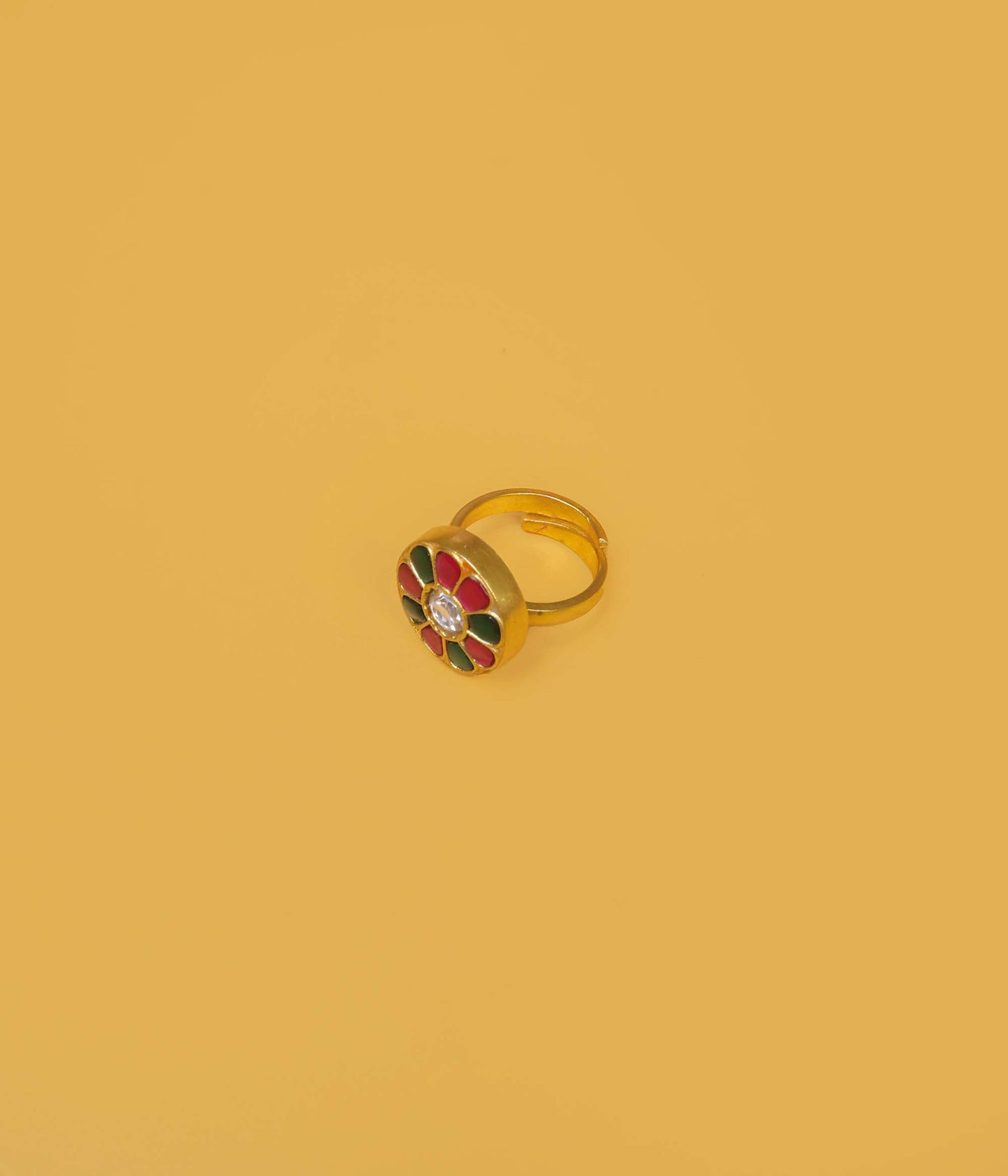 Handcrafted Kundan Floral Ring – Red & Green Gemstones