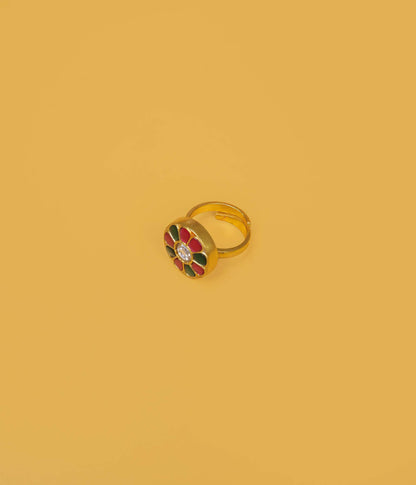 Handcrafted Kundan Floral Ring – Red & Green Gemstones