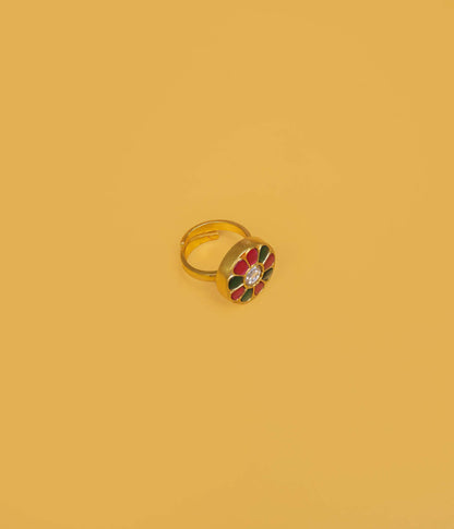 Handcrafted Kundan Floral Ring – Red & Green Gemstones