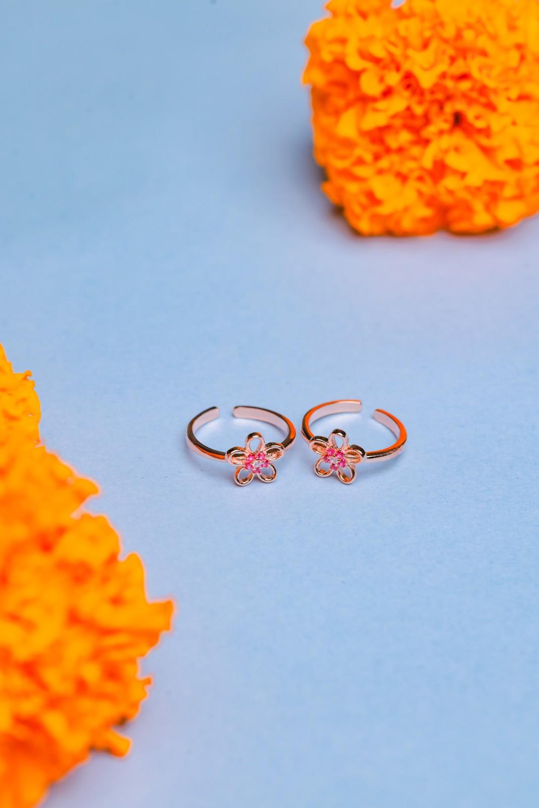 Rose Gold-Plated Flower Toe Rings with Pink Stones