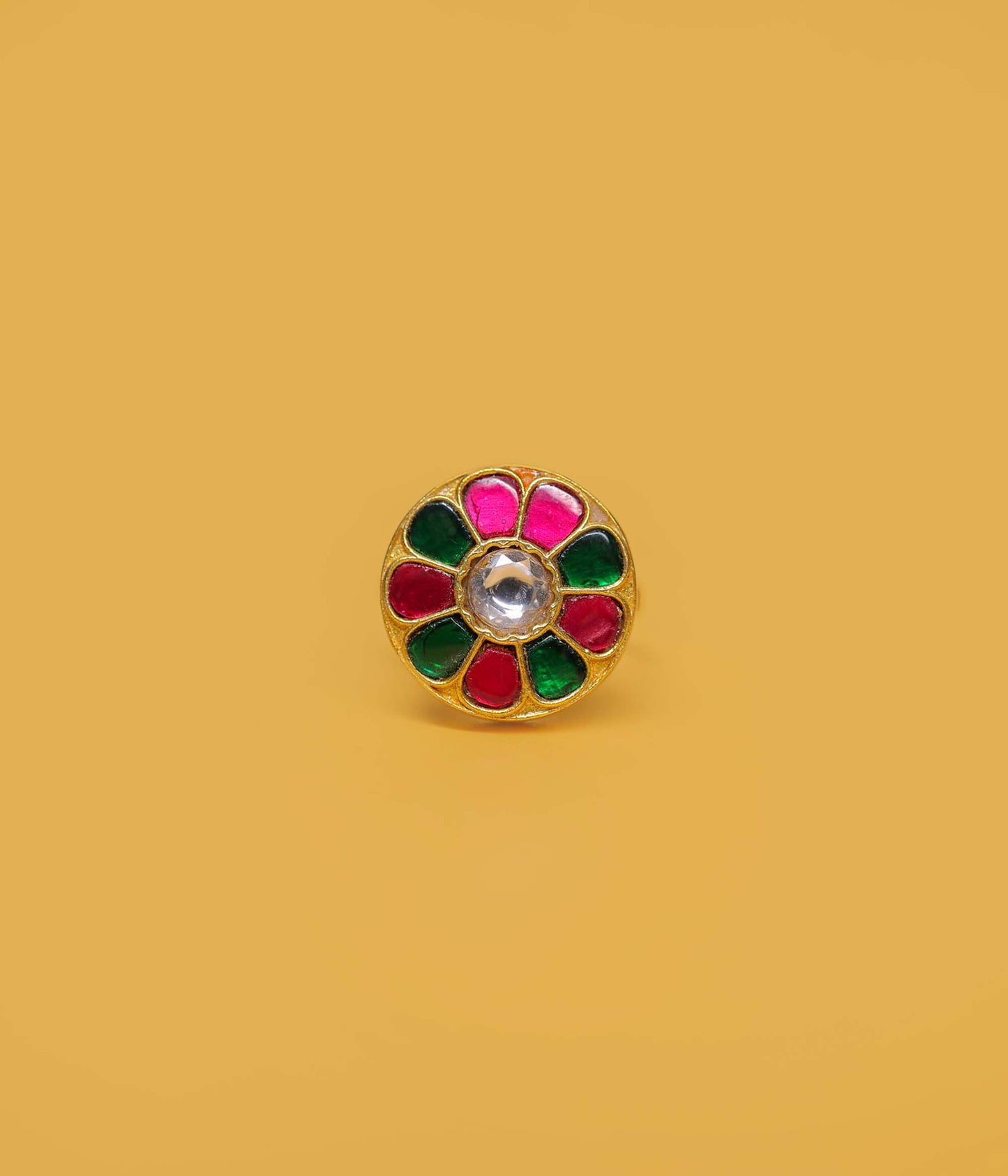 Handcrafted Kundan Floral Ring – Red & Green Gemstones