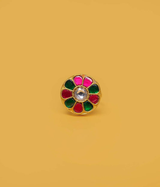 Handcrafted Kundan Floral Ring – Red & Green Gemstones