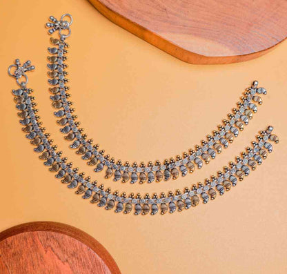 Antique Oxidised Silver Anklet with Dual-Tone Temple Design