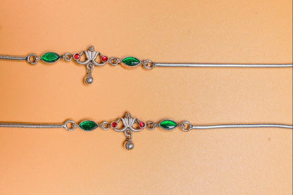 Antique Silver Anklet with Red & Green Stones