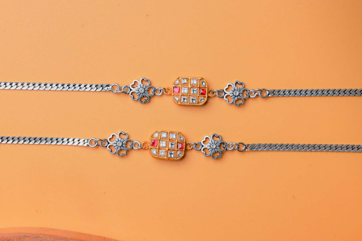 Dual-Toned Floral Charm Silver Anklets