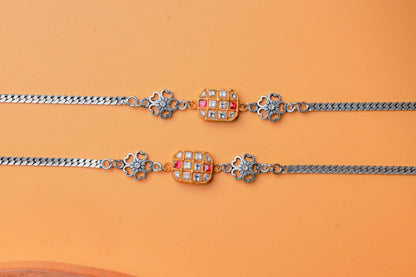 Dual-Toned Floral Charm Silver Anklets