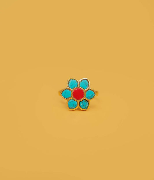 Turquoise floral gold plated ring in 92.5 sterling silver with a coral-red centre stone.