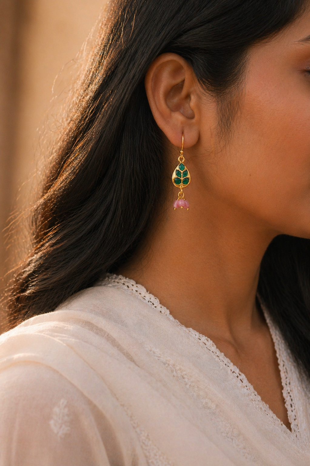 Gold Plated Leaf Earrings with Green and Pink Gemstones
