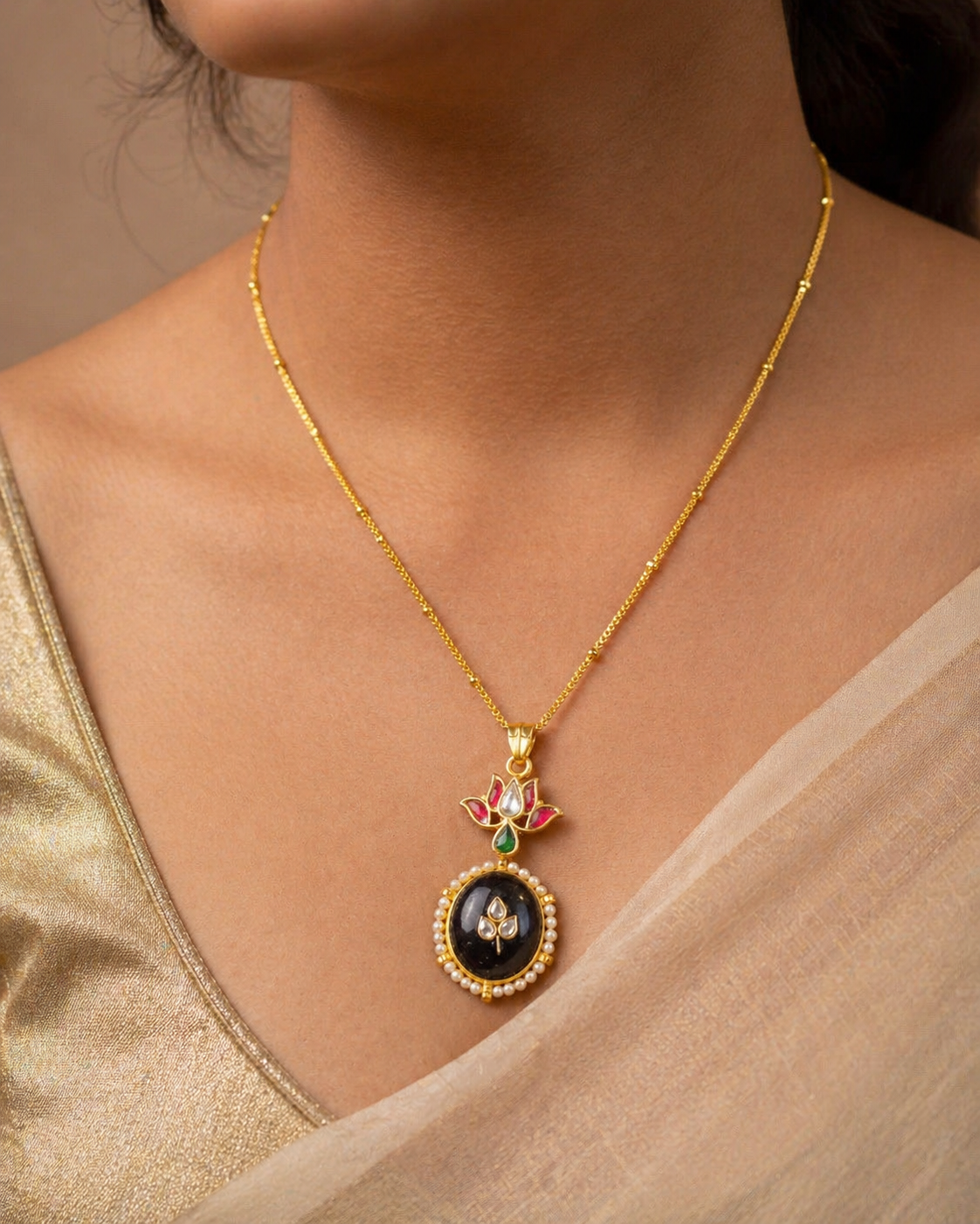 Gold-Plated Lotus Kundan Pendant Necklace with Pearls