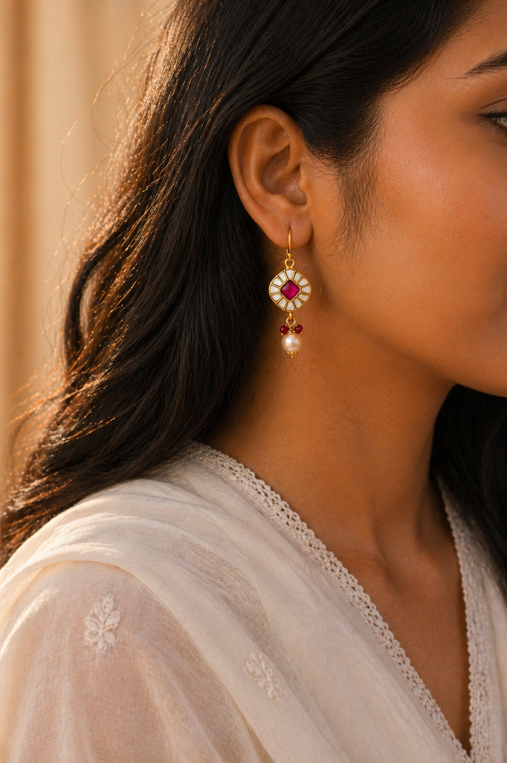 Kundan Drop Earrings with Pearl & Red Gemstone
