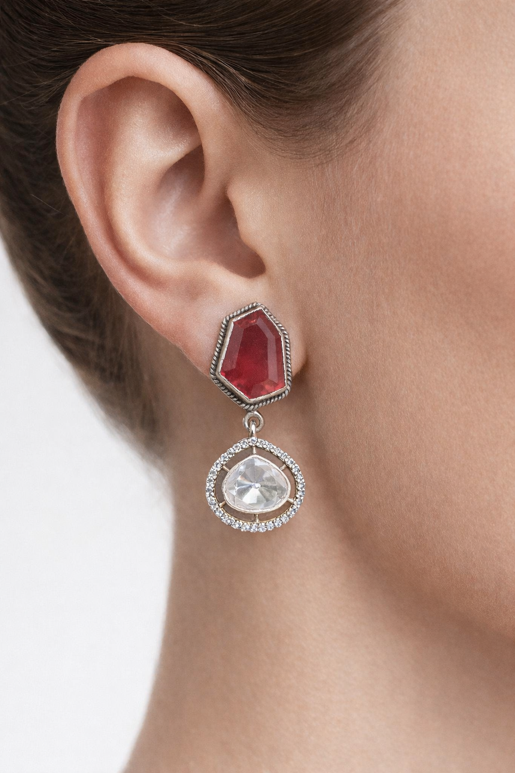 Handcrafted Pink & White Moissanite Silver Earrings