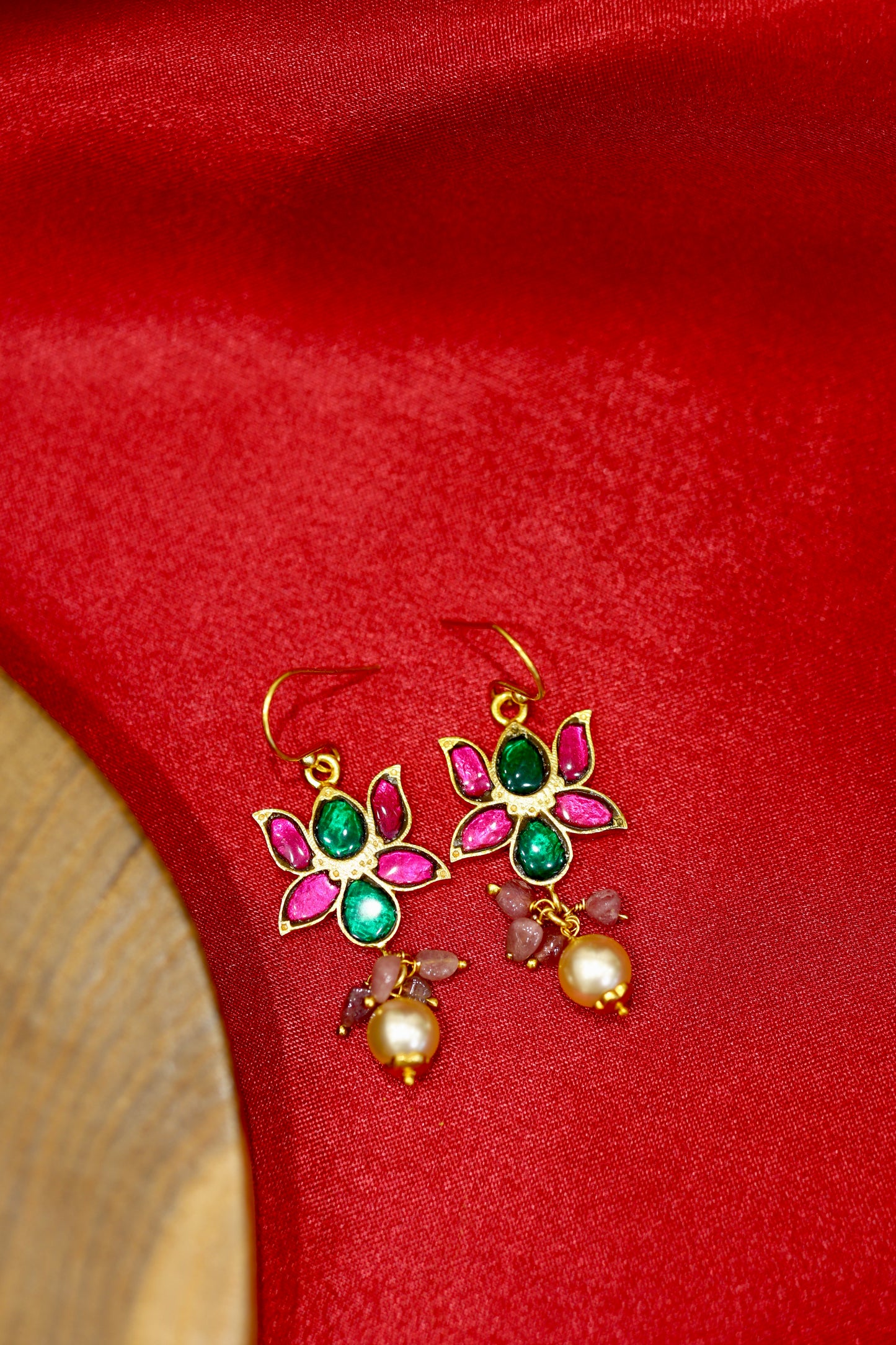 Handcrafted Gold-Plated Floral Earrings with Ruby & Emerald Stones