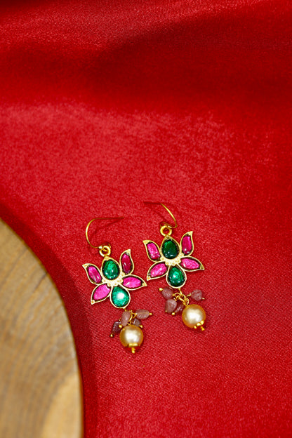 Handcrafted Gold-Plated Floral Earrings with Ruby & Emerald Stones