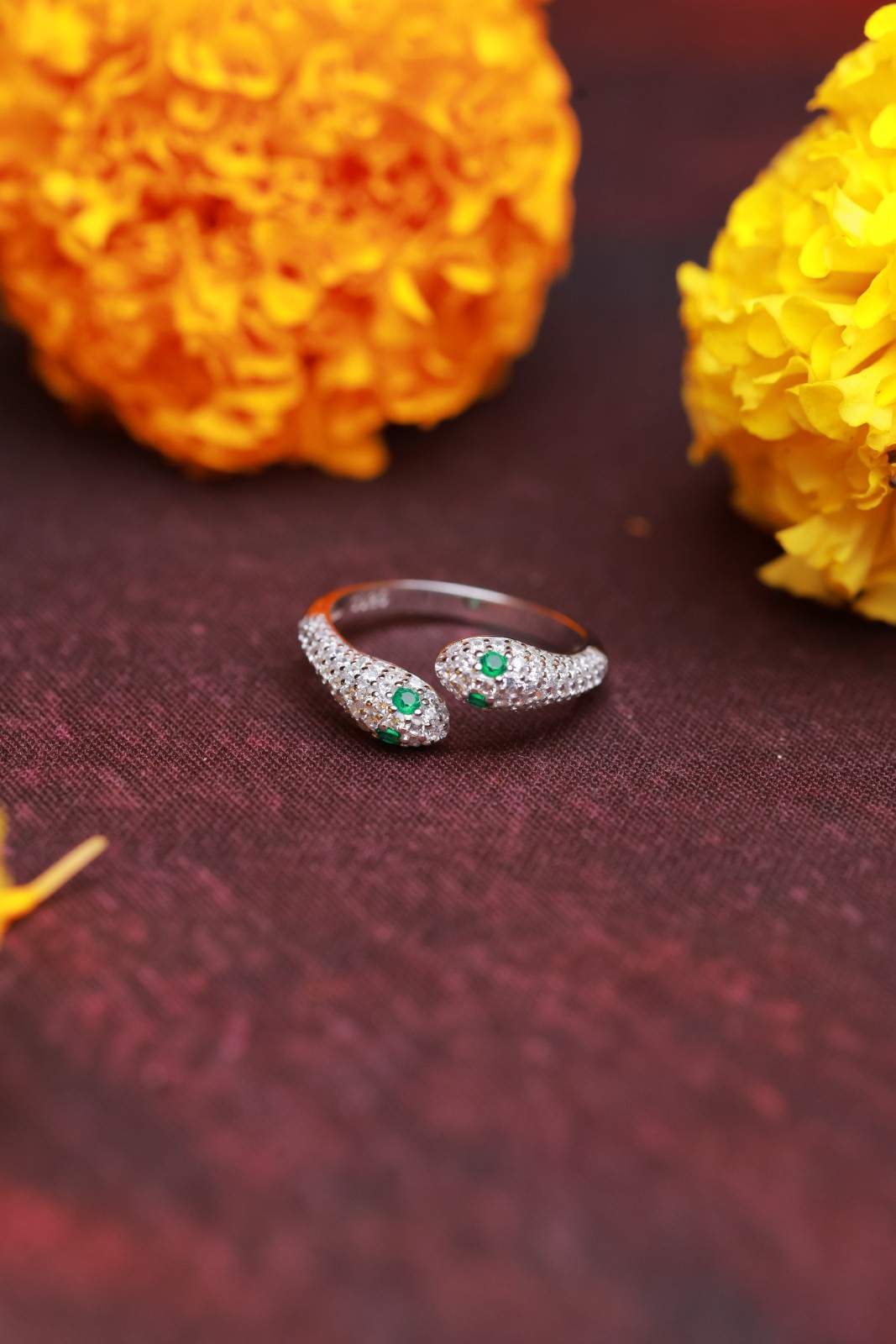 Silver Twin Serpent Ring with Green Stone Accents